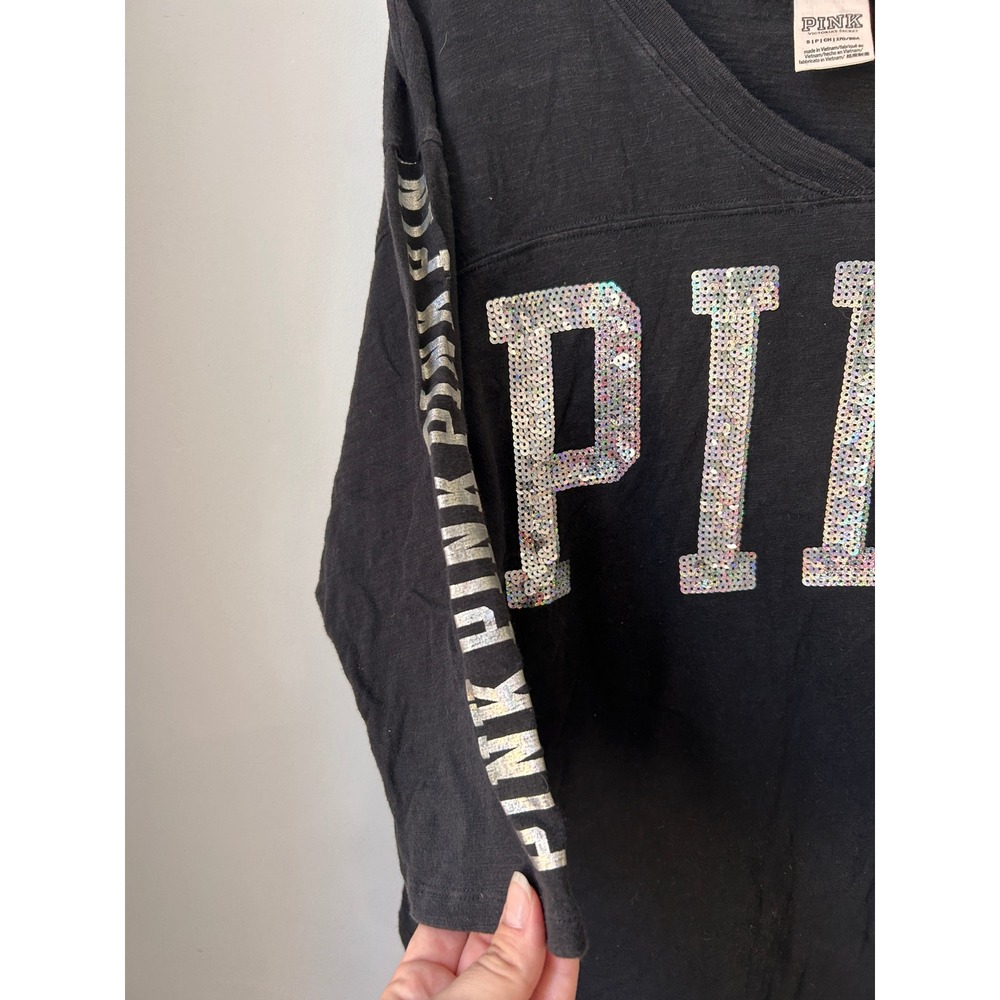 Victoria's Secret PINK Black Sequin V-Neck Jersey Tee 3/4 Sleeve Small - Picture 3 of 6